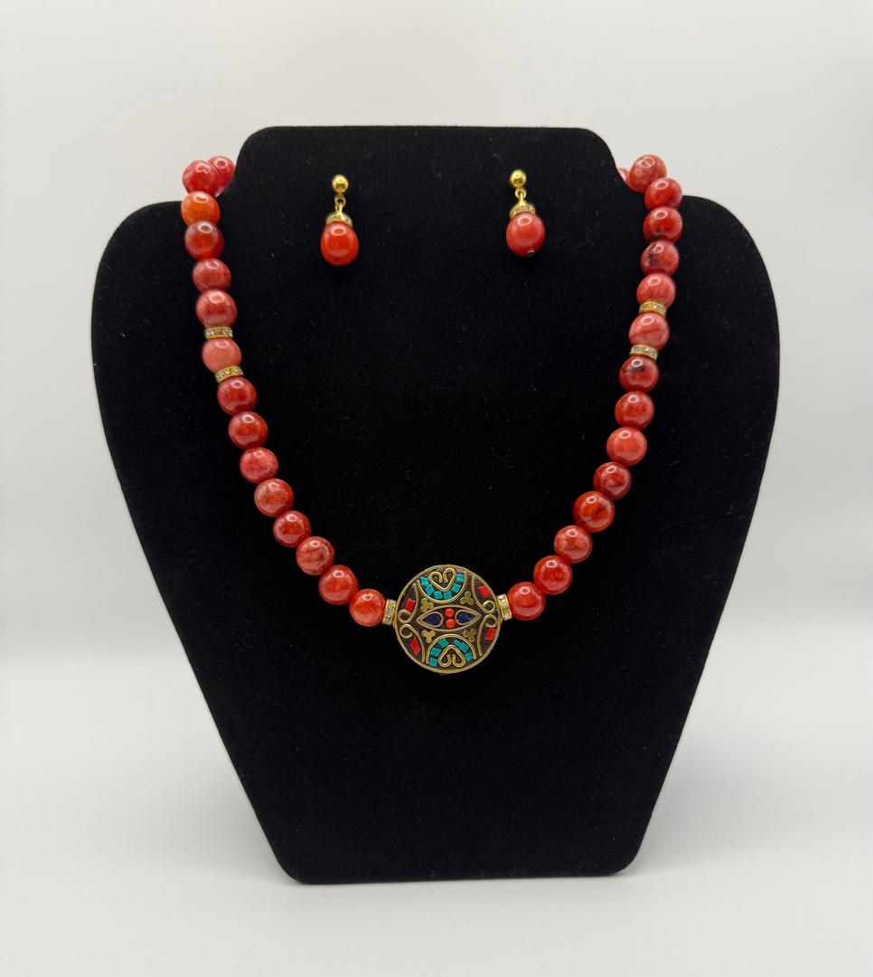 Red Agate Bead Necklace & Earrings Set