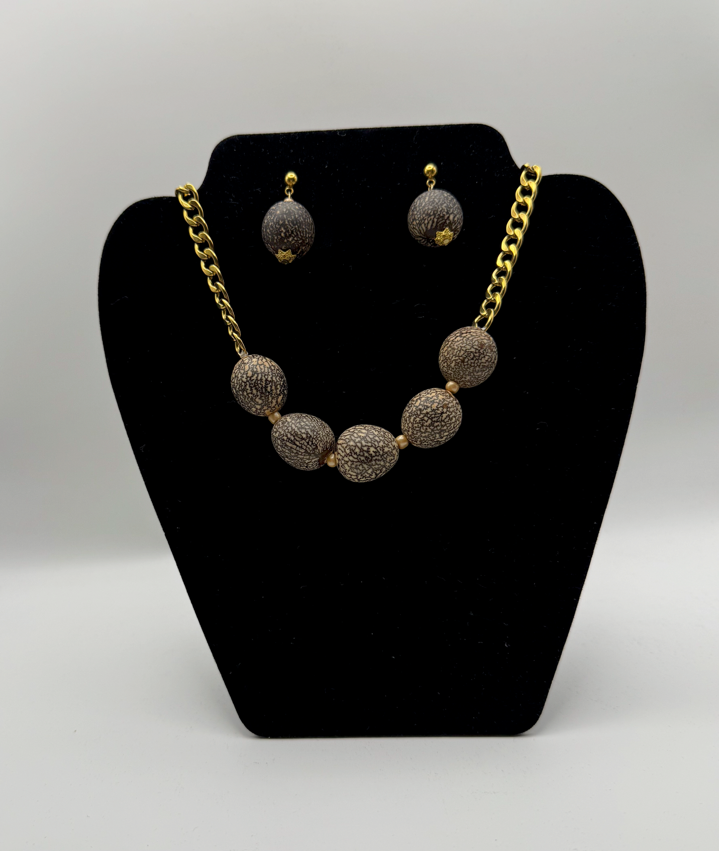 Textured Walnut Bead Necklace & Earrings