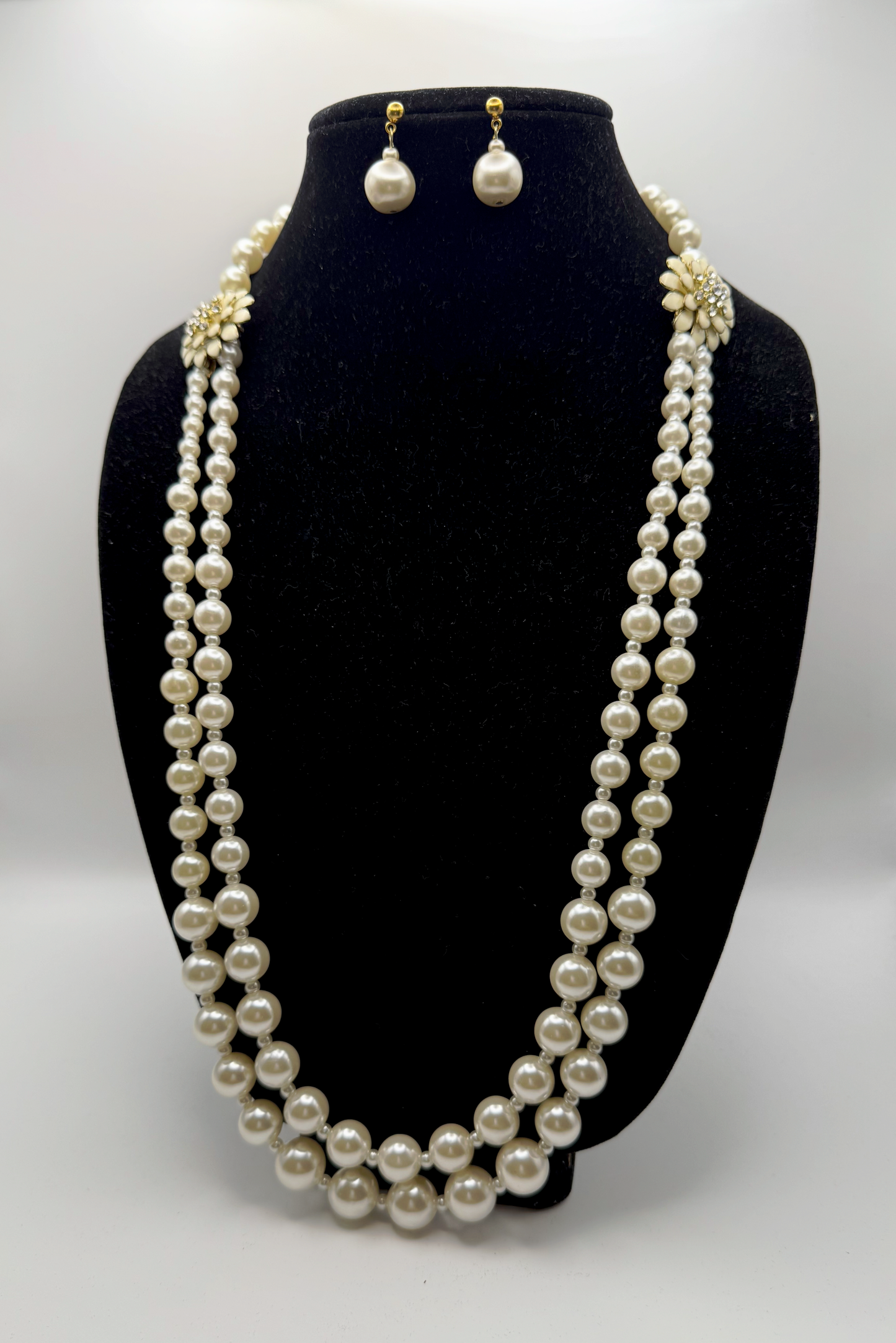 Double Strand Pearl Necklace & Earrings