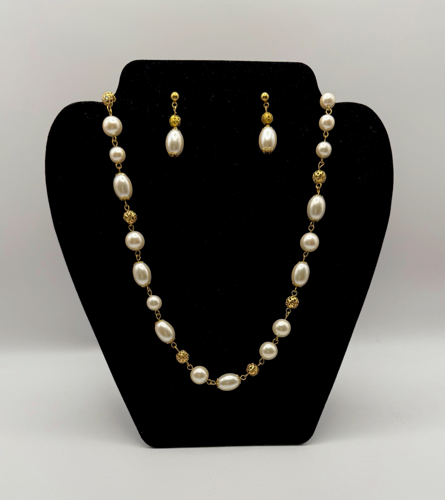 Golden Filigree Pearl Necklace & Earrings