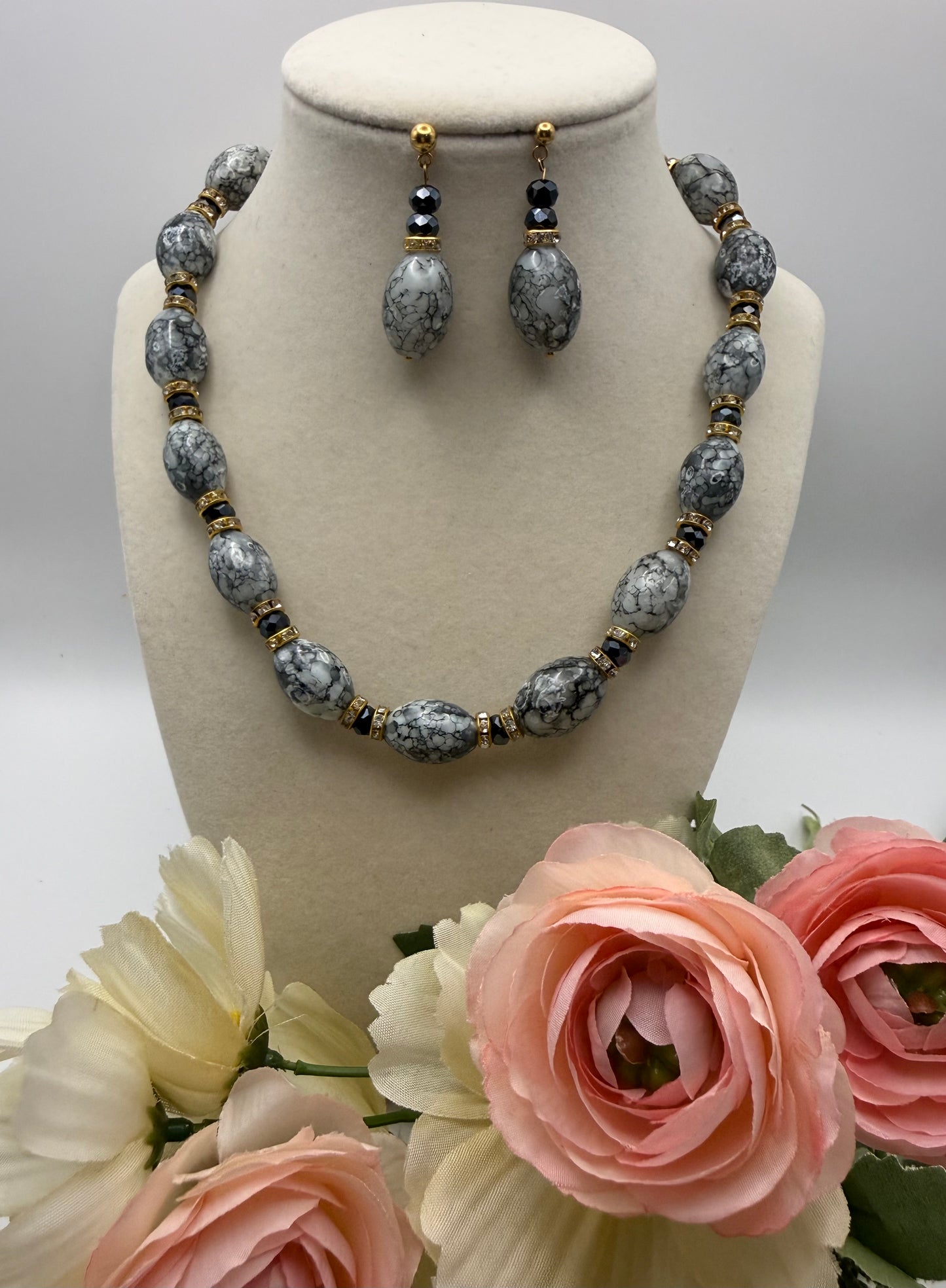 Oval beads in light and dark blue with navy crystals
