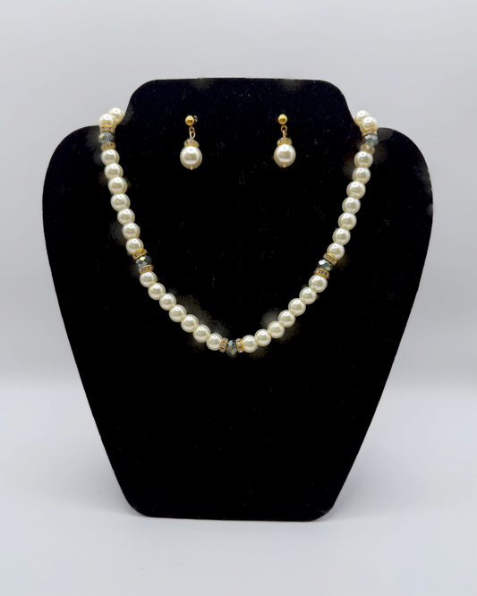 Crystal Accent Pearl Necklace & Earrings