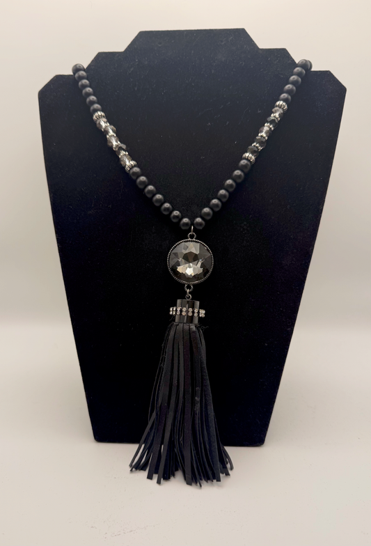 Black Crystal Tassel Necklace