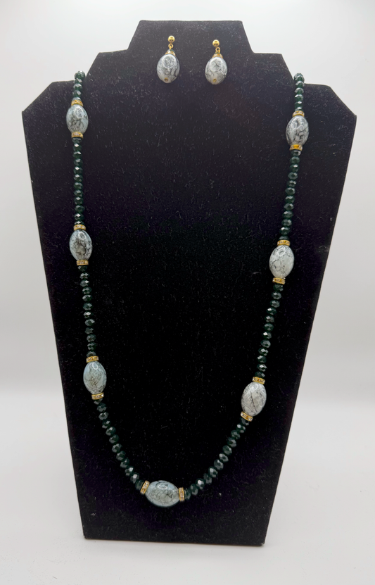 Marble & Emerald Bead Necklace Set