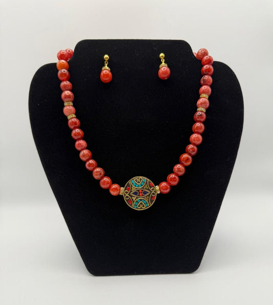 Red Agate Bead Necklace & Earrings Set