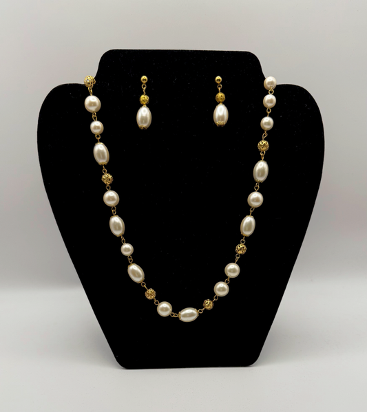 Golden Filigree Pearl Necklace & Earrings